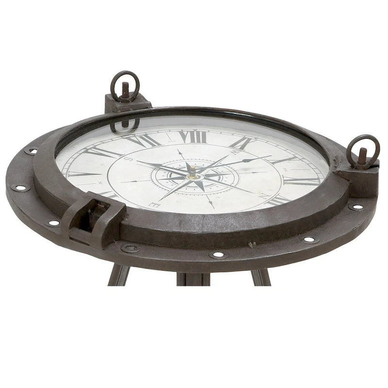 Tavolino da salotto rotondo in metallo stile industriale con orologio