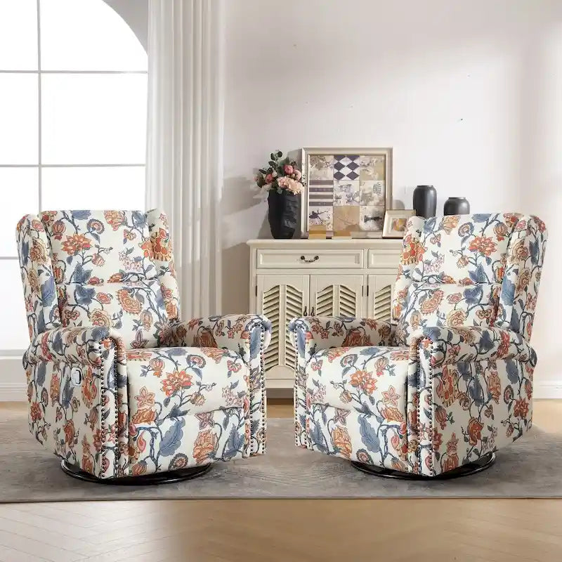 Floral Manual Recliner Swivel Rocking Chair Glider Set of 2