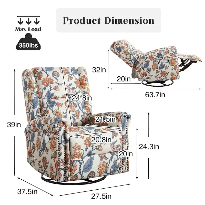 Set di 2 poltrone reclinabili girevoli a dondolo con rivestimento floreale e poggiapiedi