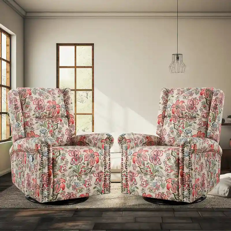 Set di 2 poltrone reclinabili girevoli a dondolo con rivestimento floreale e poggiapiedi