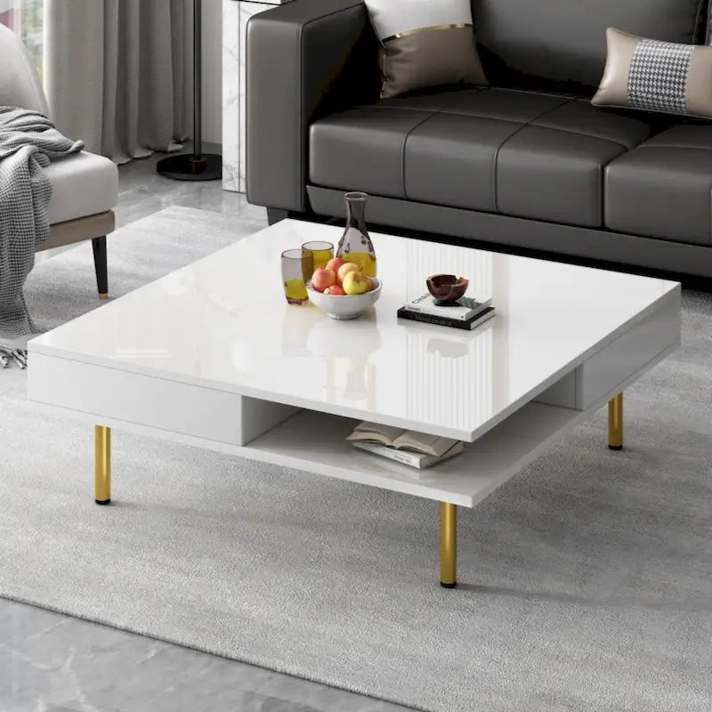 Elegante tavolino da salotto laccato lucido con 4 gambe dorate e 2 piccoli cassetti, tavolino quadrato a 2 ripiani per soggiorno