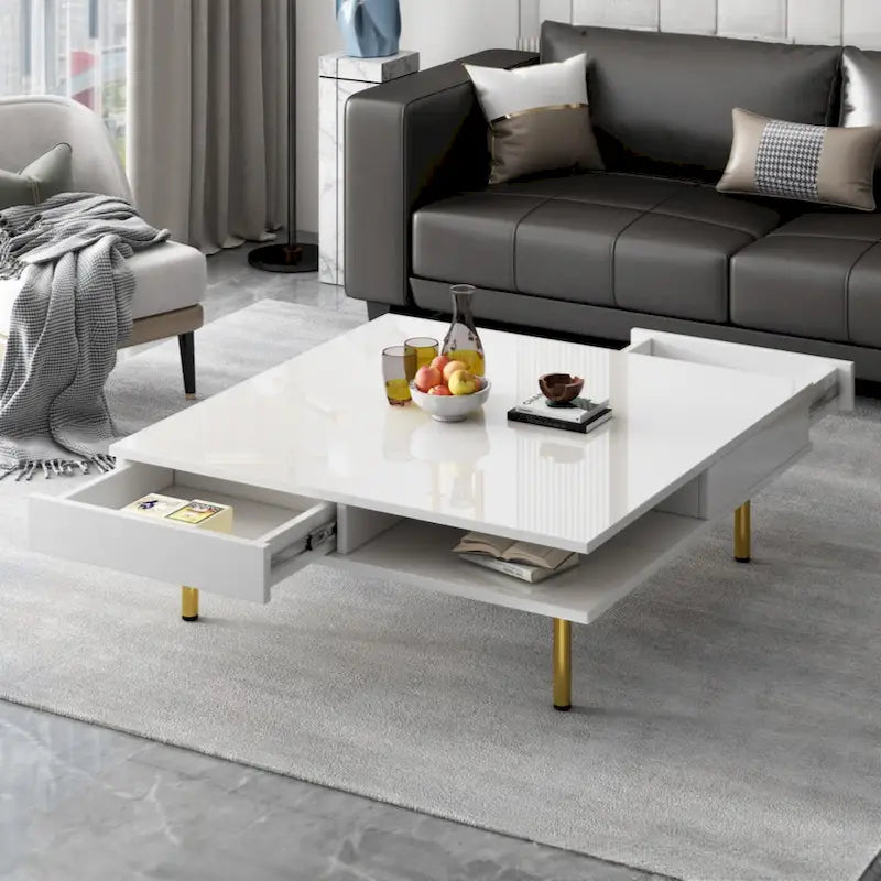 Elegante tavolino da salotto laccato lucido con 4 gambe dorate e 2 piccoli cassetti, tavolino quadrato a 2 ripiani per soggiorno
