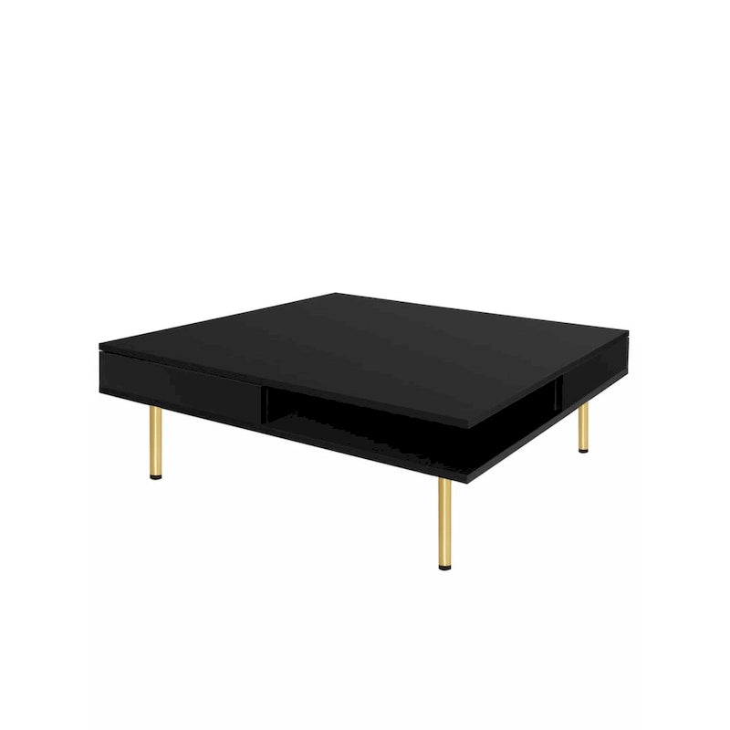 Elegante tavolino da salotto laccato lucido con 4 gambe dorate e 2 piccoli cassetti, tavolino quadrato a 2 ripiani per soggiorno