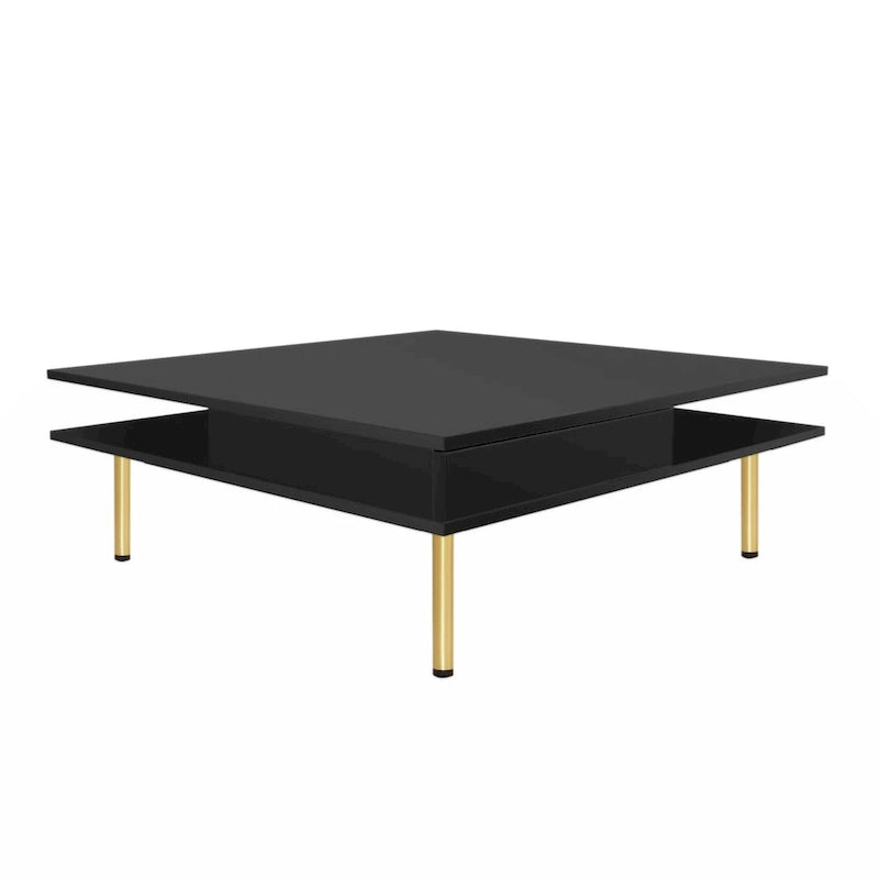 Elegante tavolino da salotto laccato lucido con 4 gambe dorate e 2 piccoli cassetti, tavolino quadrato a 2 ripiani per soggiorno