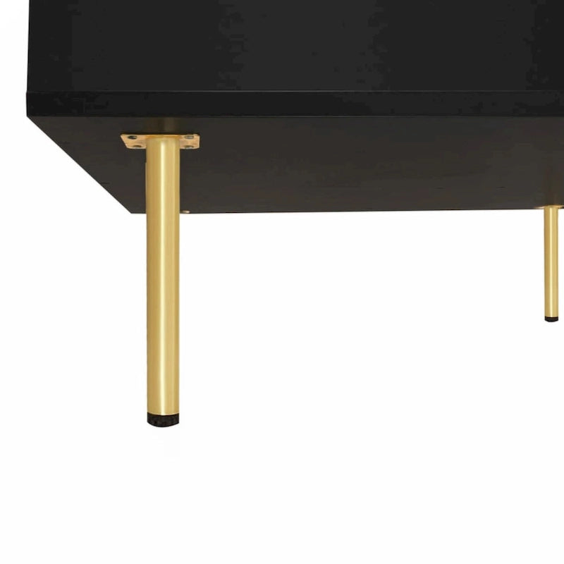 Elegante tavolino da salotto laccato lucido con 4 gambe dorate e 2 piccoli cassetti, tavolino quadrato a 2 ripiani per soggiorno