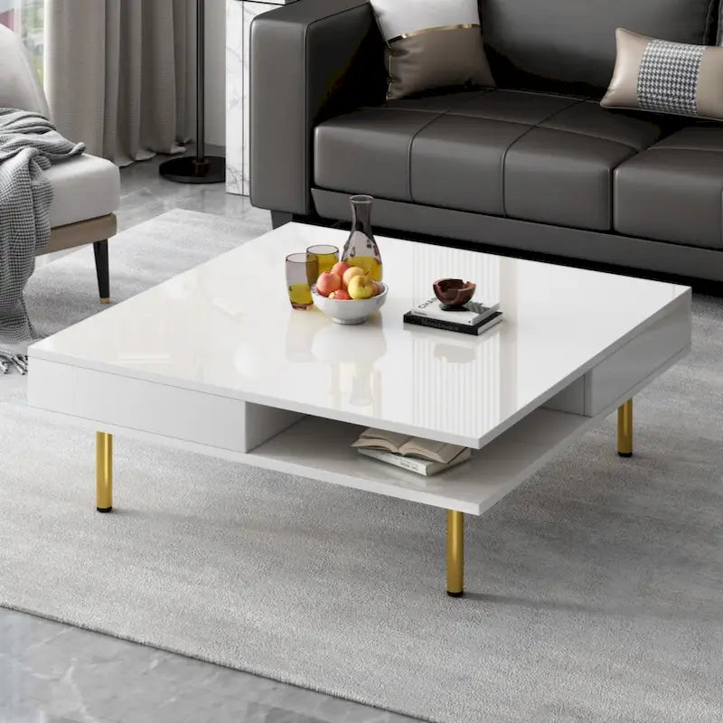 Elegante tavolino da salotto laccato lucido con 4 gambe dorate e 2 piccoli cassetti, tavolino quadrato a 2 ripiani per soggiorno