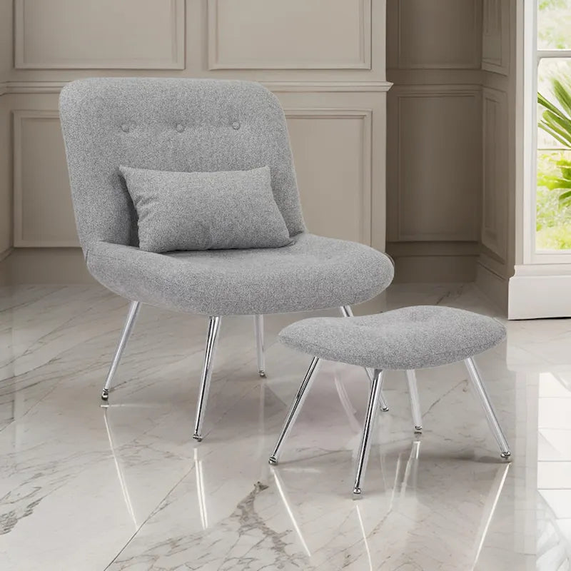 Lea 2pc Modern Lounge Chair and Ottoman Set, Gray Woven Upholstery, Chrome