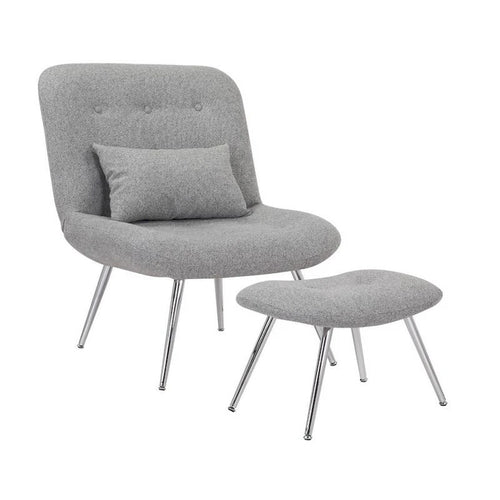 Set di 2 pezzi composto da poltrona lounge moderna e pouf, rivestimento intrecciato grigio, finitura cromata