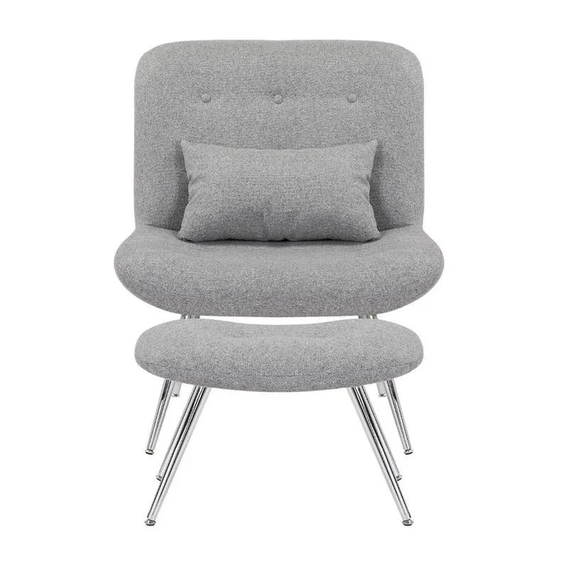 Set di 2 pezzi composto da poltrona lounge moderna e pouf, rivestimento intrecciato grigio, finitura cromata
