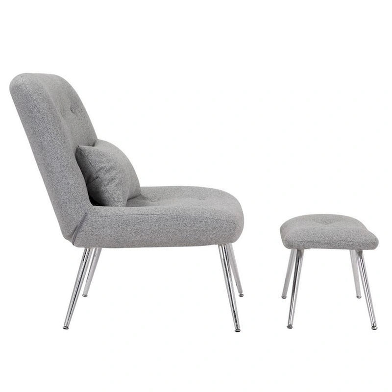 Set di 2 pezzi composto da poltrona lounge moderna e pouf, rivestimento intrecciato grigio, finitura cromata