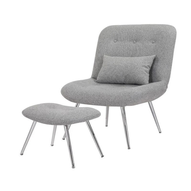 Set di 2 pezzi composto da poltrona lounge moderna e pouf, rivestimento intrecciato grigio, finitura cromata