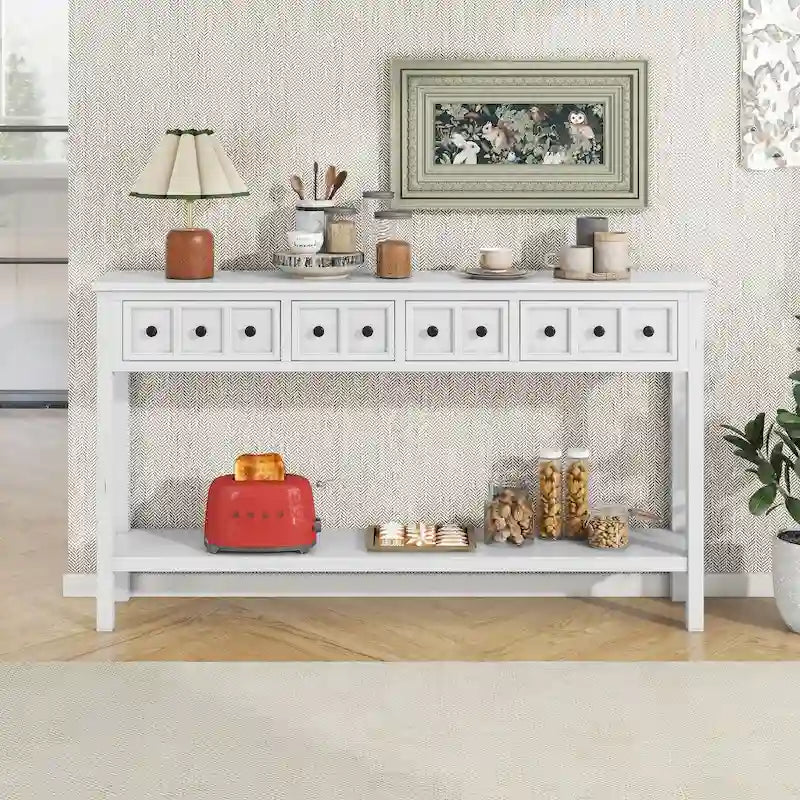 Rustic-style entryway console table, 60-inch long sofa table, featuring two drawers of different sizes and a bottom shelf for storage