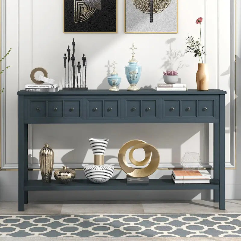 Rustic-style entryway console table, 60-inch long sofa table, featuring two drawers of different sizes and a bottom shelf for storage