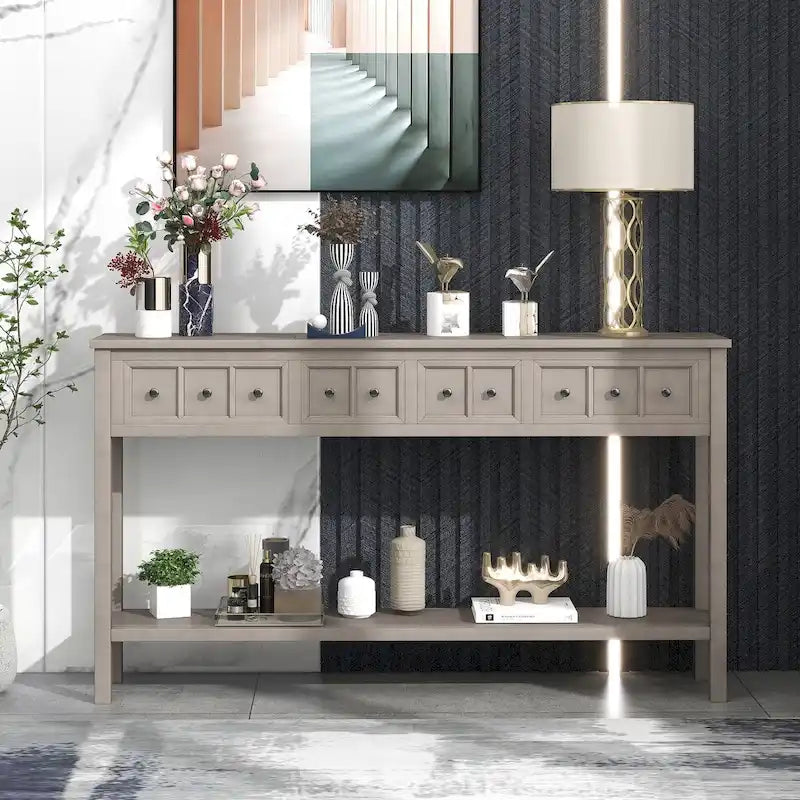 Rustic-style entryway console table, 60-inch long sofa table, featuring two drawers of different sizes and a bottom shelf for storage