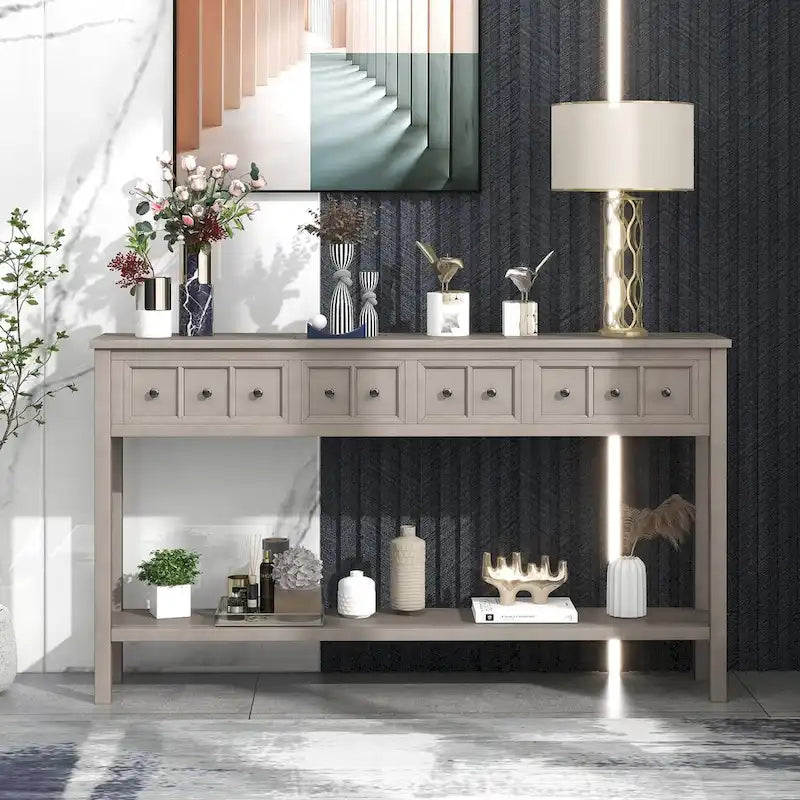 Rustic-style entryway console table, 60-inch long sofa table, featuring two drawers of different sizes and a bottom shelf for storage