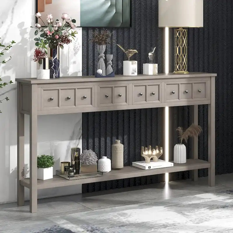 Rustic-style entryway console table, 60-inch long sofa table, featuring two drawers of different sizes and a bottom shelf for storage