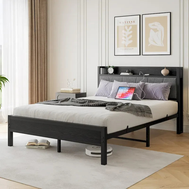 Letto matrimoniale queen size con struttura a piattaforma, testiera con contenitore, stazione di ricarica e porte USB, facile da montare