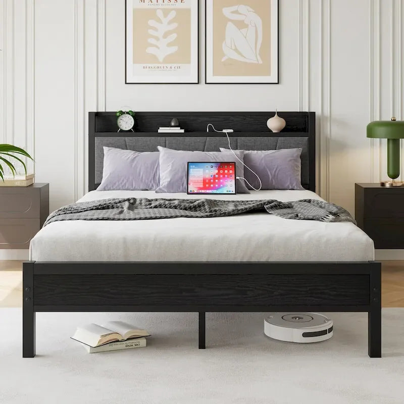 Letto matrimoniale queen size con struttura a piattaforma, testiera con contenitore, stazione di ricarica e porte USB, facile da montare