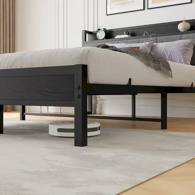 Letto matrimoniale queen size con struttura a piattaforma, testiera con contenitore, stazione di ricarica e porte USB, facile da montare