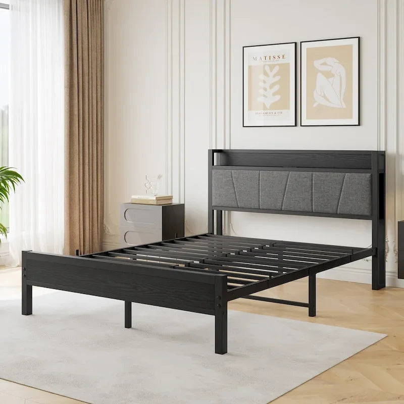 Letto matrimoniale queen size con struttura a piattaforma, testiera con contenitore, stazione di ricarica e porte USB, facile da montare
