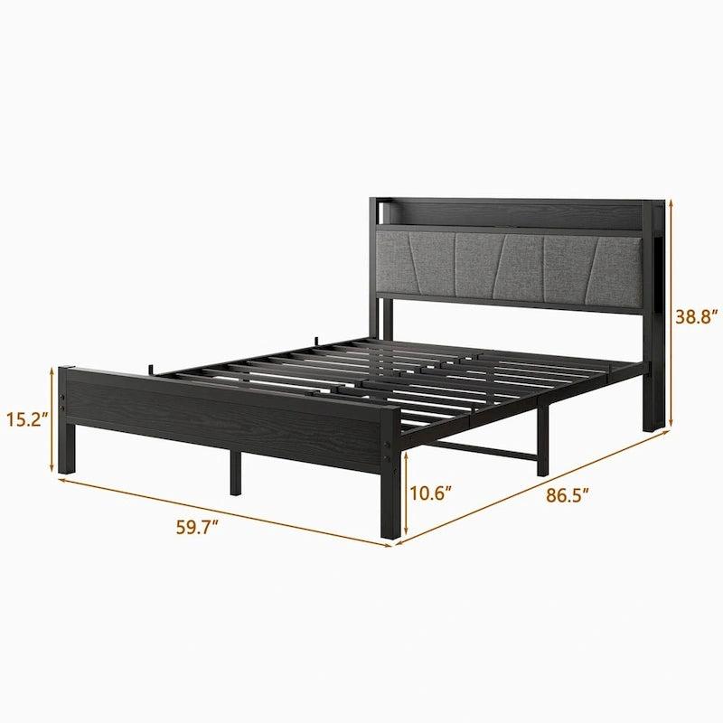 Letto matrimoniale queen size con struttura a piattaforma, testiera con contenitore, stazione di ricarica e porte USB, facile da montare